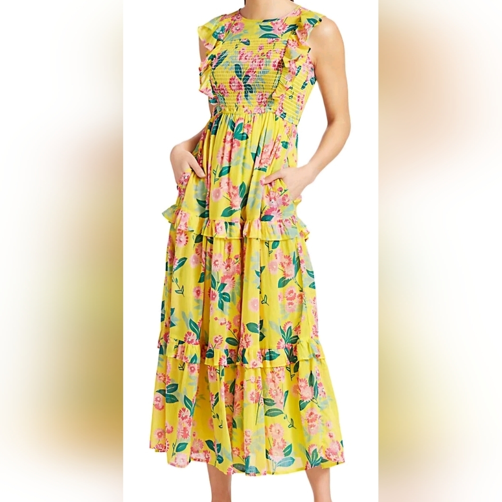 Banjanan Floral Ruffle Maxi Dress Aurora Yellow Small Orig $300 Easter Party Tea